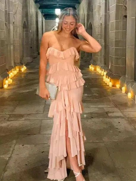 Trendy Strapless Sleeveless Mermaid Slit Chiffon Long Prom Dress
