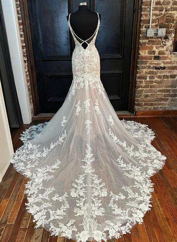 Trumpet Mermaid V-Neck Floor-length Lace Wedding Dress