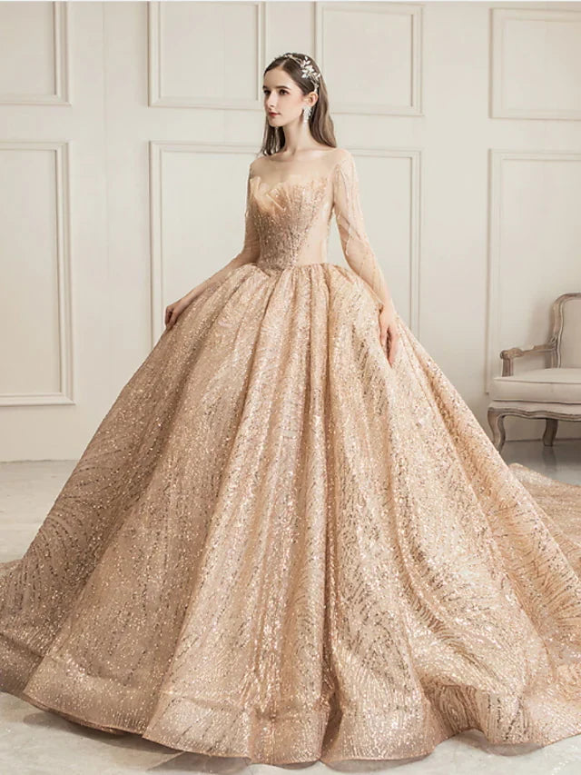 Princess Ball Gown Wedding Dresses Jewel Neck Chapel Train Tulle Sequined Long Sleeve Formal Luxurious
