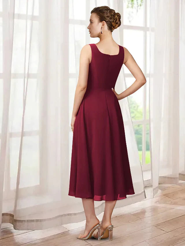 Two Piece A-Line Mother of the Bride Dress Elegant Jewel Neck Tea Length Chiffon Lace 3/4 Length Sleeve with Appliques
