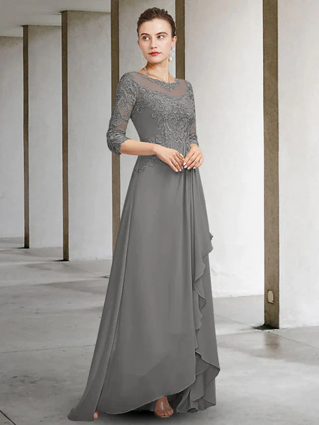 A-Line Mother of the Bride Dress Elegant Jewel Neck Floor Length Chiffon Lace Half Sleeve with Pleats Ruffles AppliquesV