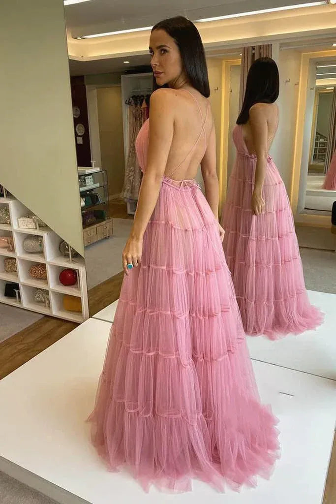 Unique A-Line V Neck Sleeveless Lace Up Floor-Length Prom Dress