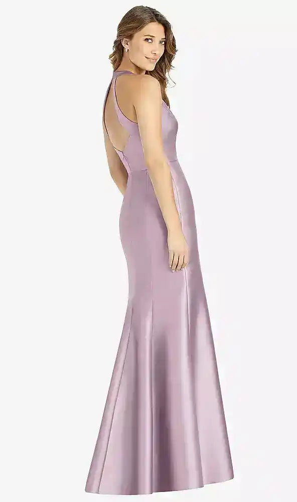 V-Neck Halter Satin Trumpet Gown in Suede Rose