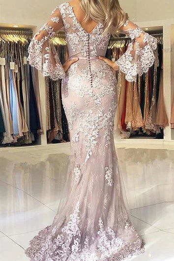 V-Neck Lace Floor-length Sweep Train Prom Dress Mermaid/Trumpet 3/4 Length Sleeve Elegant Evening Dress