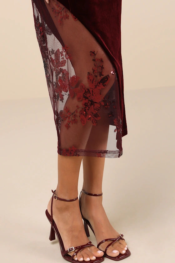 Quyihu Prom Dress In Store So Luxe Burgundy Velvet Mesh Sequin Strapless Midi Dress Formal Women's Dresses