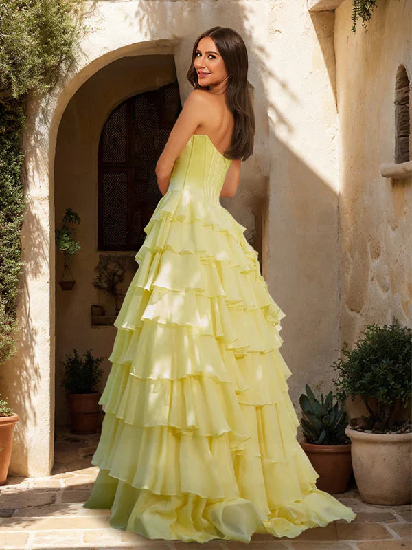 Vibrant Ballgown Strapless Open-Back Tiered-Lemon Yellow Chiffon Floor-Length Prom Dresses