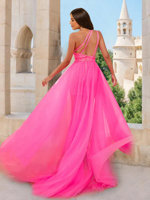 Vibrant Convertible One-Shoulder Sleeveless-Cross-Back Neon Pink Sequin Tulle Prom Dresses