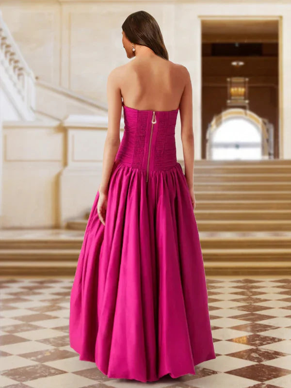 Vibrant High-Low Strapless Sleeveless-Zip-Back Hot Pink Satin Prom Dresses