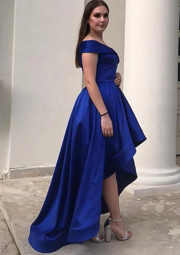 Vibrant A-line Off-the-Shoulder Sleeveless Satin Royal Blue High-Low Evening Dress For Women