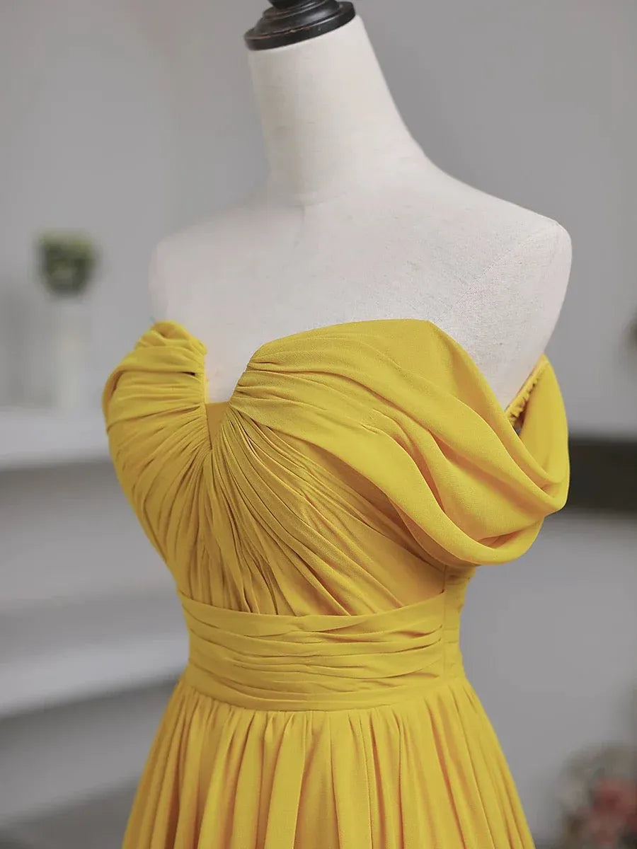 Vibrant A-line Off-the-shoulder Ruched Mustard Yellow Floor-length Prom Dress for Women Ready to Ship
