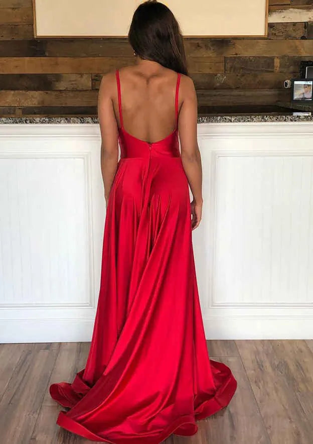 Vibrant Satin Floor-Length Evening Dress Red Deep V Spaghetti-Strap Women