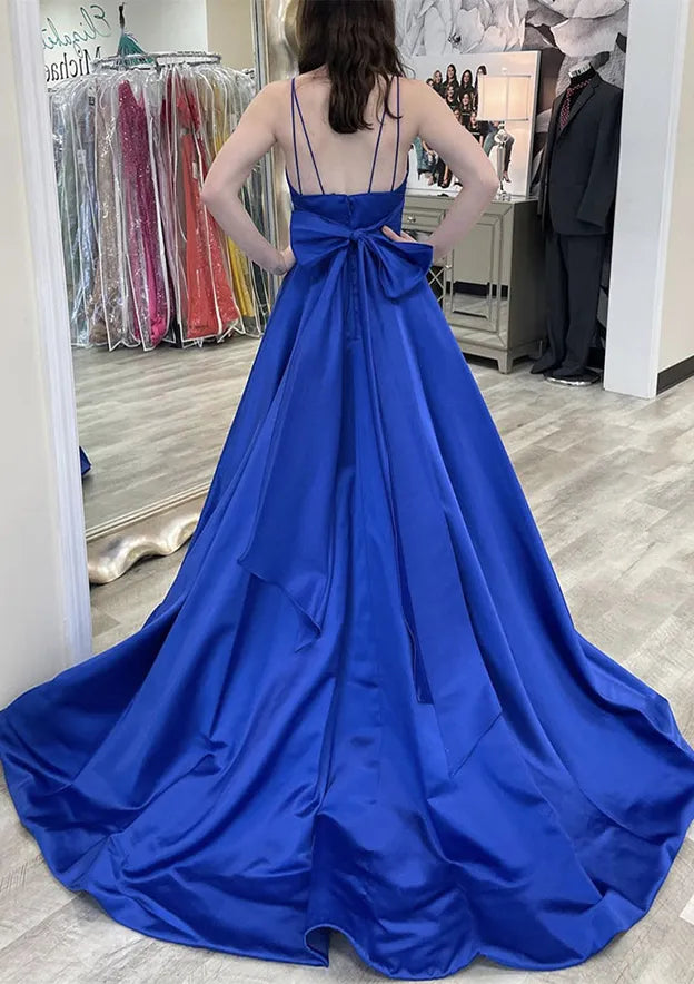 Vibrant Satin Floor-Length Evening Dress Royal Blue Deep V Spaghetti-Strap Women