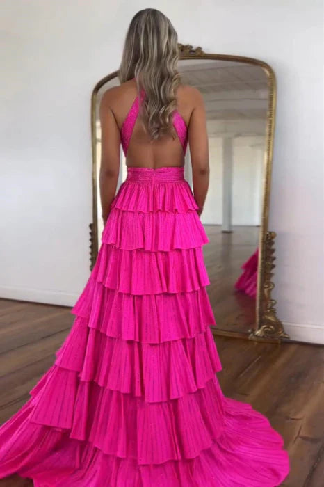 Vibrant Tiered Halter Glitter Hot Pink Floor-Length Party Dress