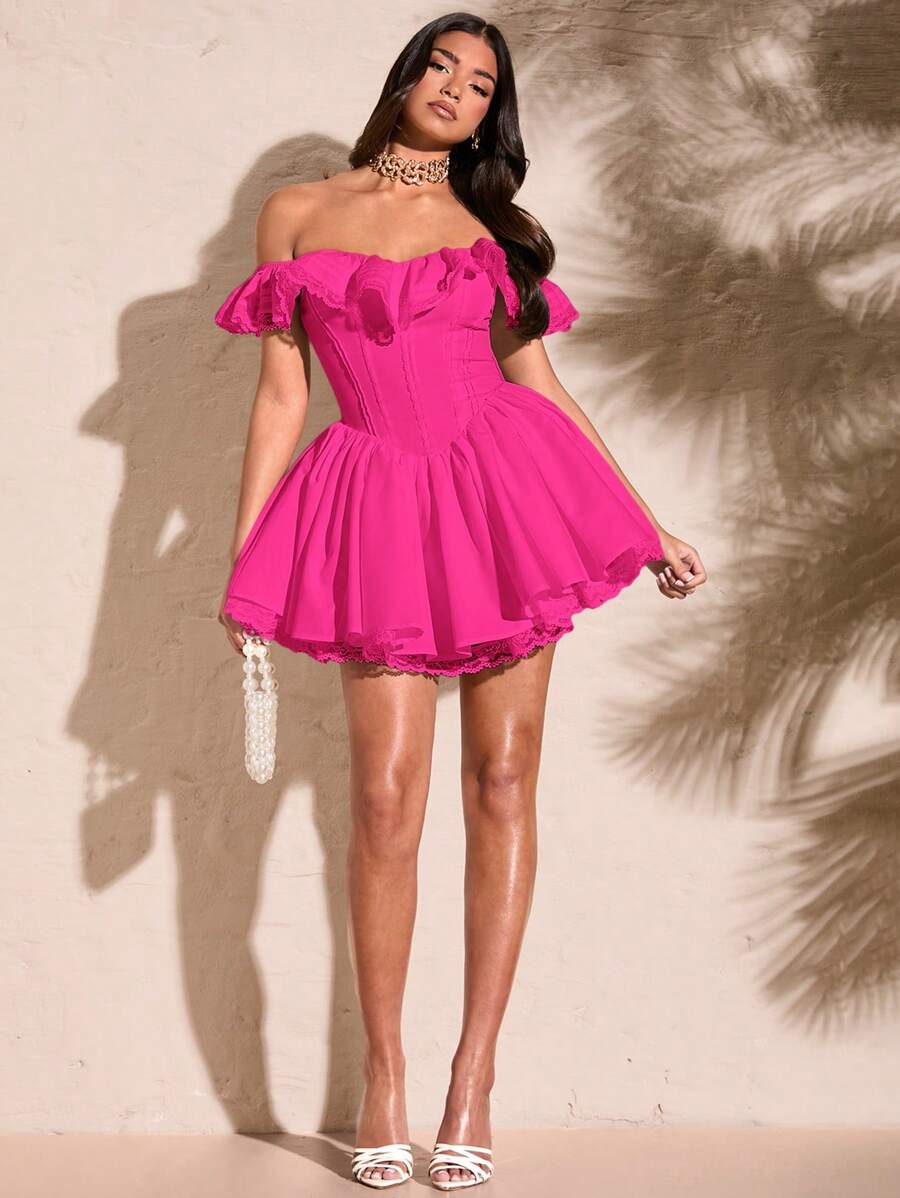 Vibrant A-Line Off-Shoulder Ruffled Lace Trim Hot Pink Mini Homecoming Dresses