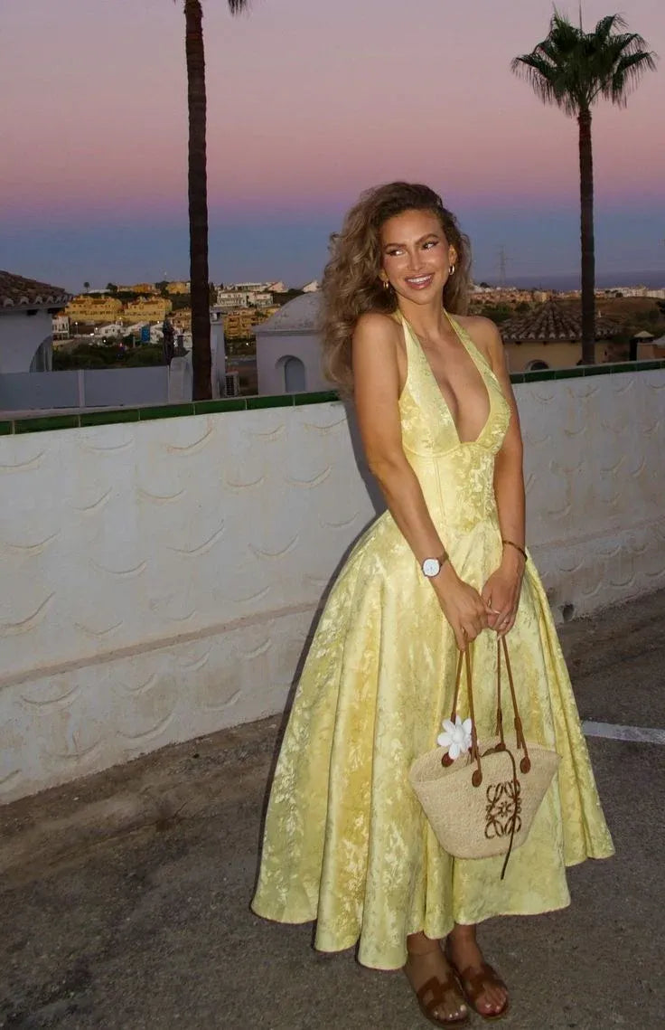 Vintage A-Line V Neck Sleeveless Flower Printed Satin Ankle-Length Prom Dress