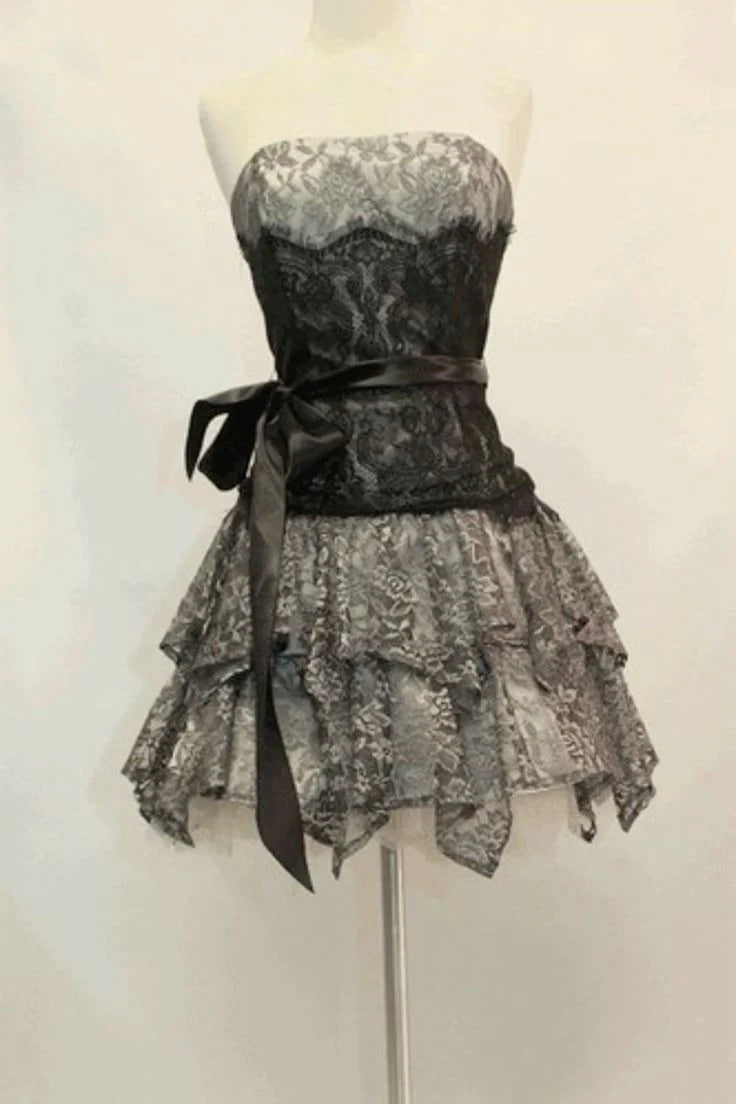 Vintage A Line Strapless Sleeveless Lace Short-Mini Homecoming Dress