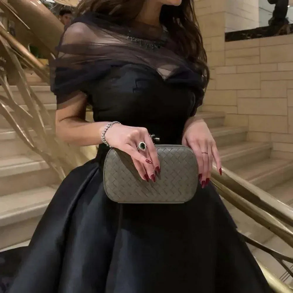 Vintage Ball Gown Off-Shoulder Tulle Satin Black Floor-Length Prom Dress