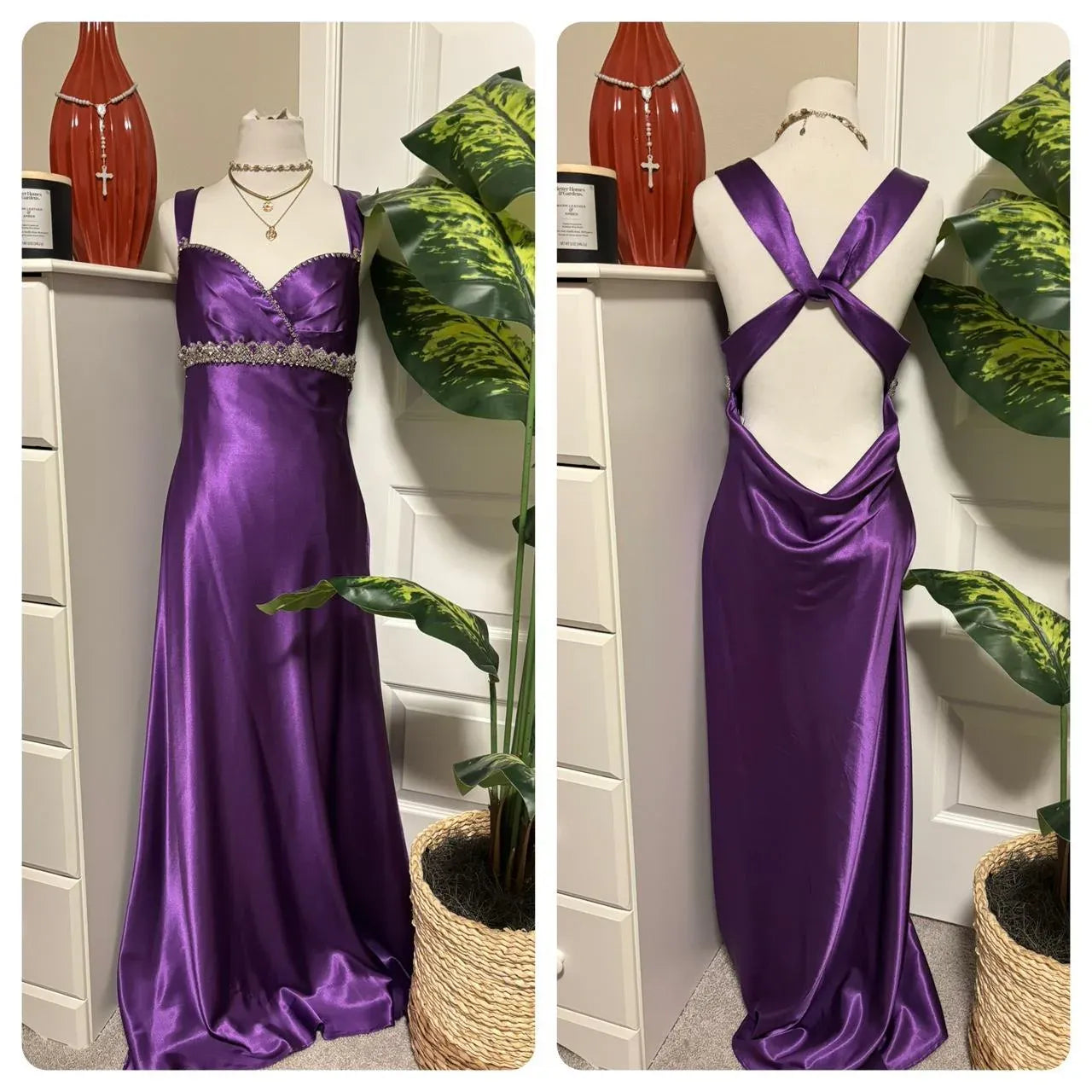 Vintage Ball Gown V Neck Sleeveless Beaded Satin Floor-Length Prom Dress