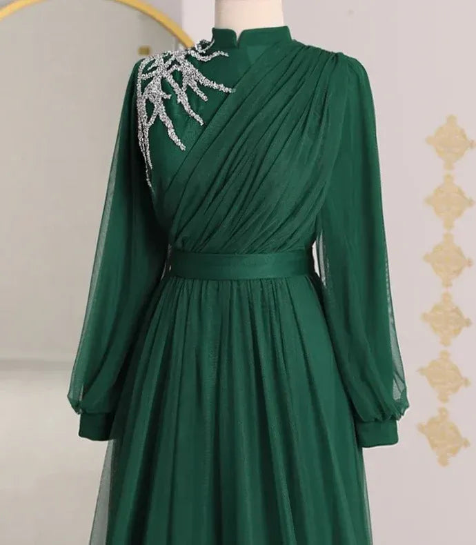Vintage High Neck Ball Gown Long Sleeve Pleated Tulle Sweep Train Party Dress