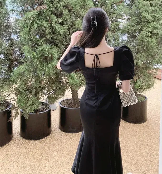 Vintage Mermaid Square Neck Puff Sleeve Satin Black Floor-Length Prom Dress
