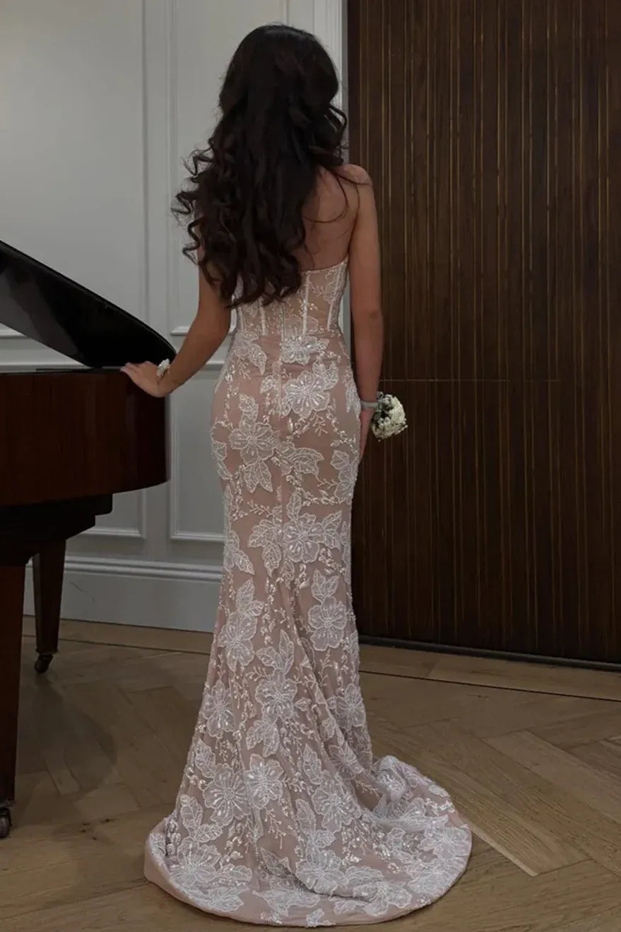 Vintage Mermaid Strapless Sleeveless Lace Appliques Floor-Length Prom Dress