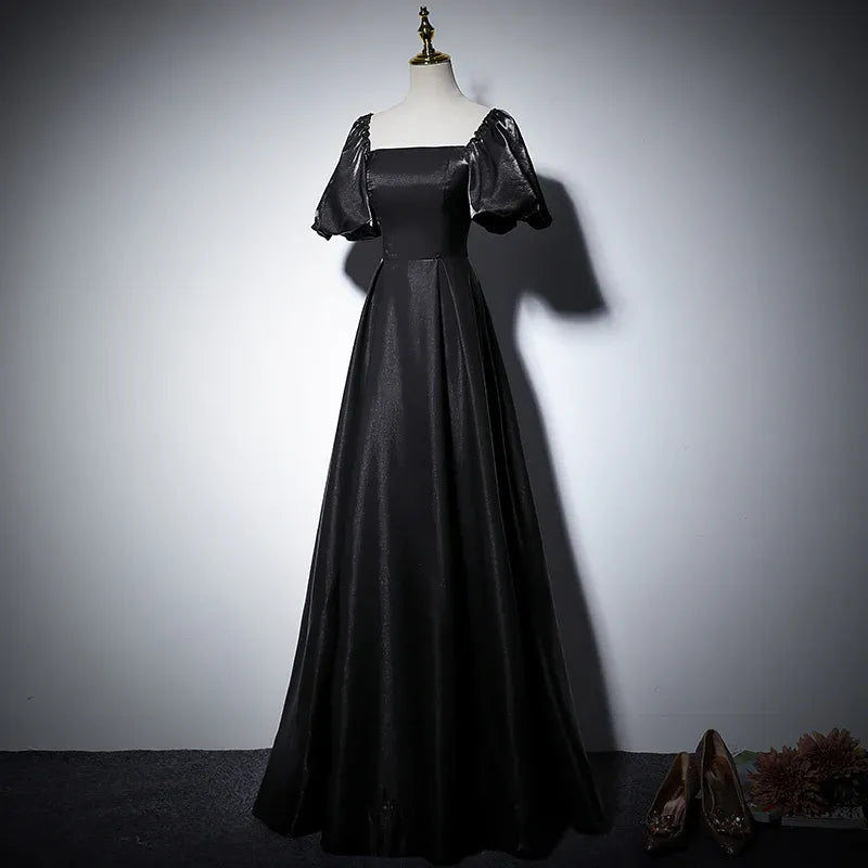 Vintage Satin Long Evening Dress Black Square-Neck Puff-Sleeve Party Gown for Women