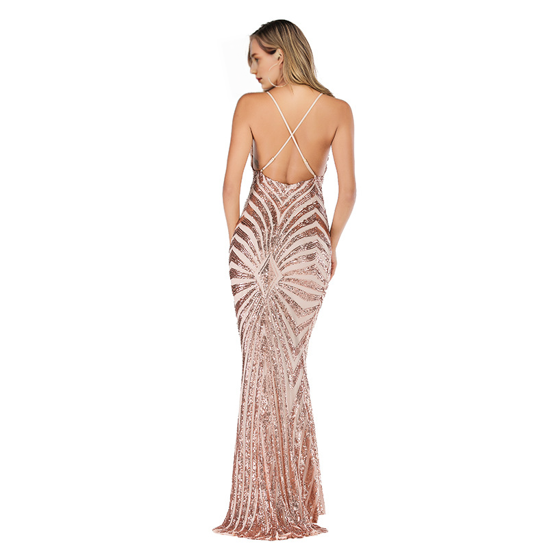 Quyihu Dress Rose Gold Spaghetti Straps Sexy Sheath Column Floor Length V-neck Sequined Prom Dresses
