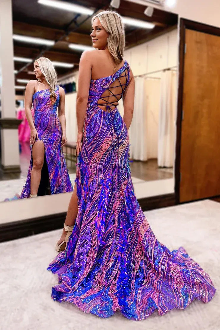 Quyihu Dress Mermaid One Shoulder Sequins Long Prom Dress with Slit