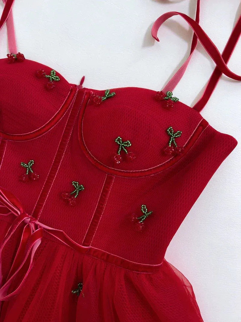 Whimsical A-line Spaghetti-Strap Sleeveless Embellished Red Maxi Prom Dress for Women Custom