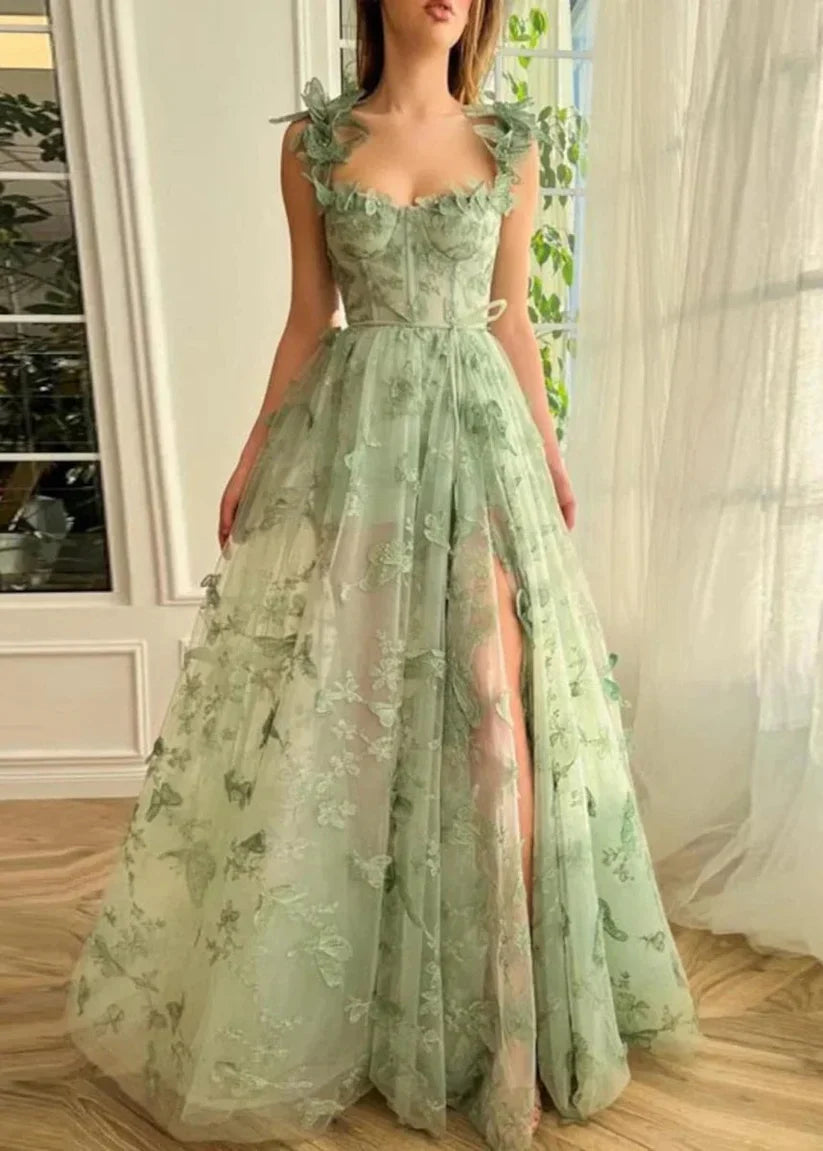 Whimsical Butterfly A-line Sweetheart Spaghetti-Strap Open-back Floor-length Prom Gown