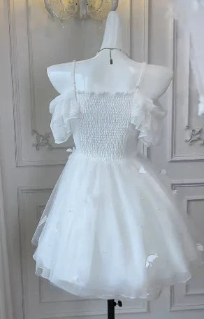 Whimsical A-Line Off-Shoulder Corset Ruffled Butterfly White Mini Homecoming Dress