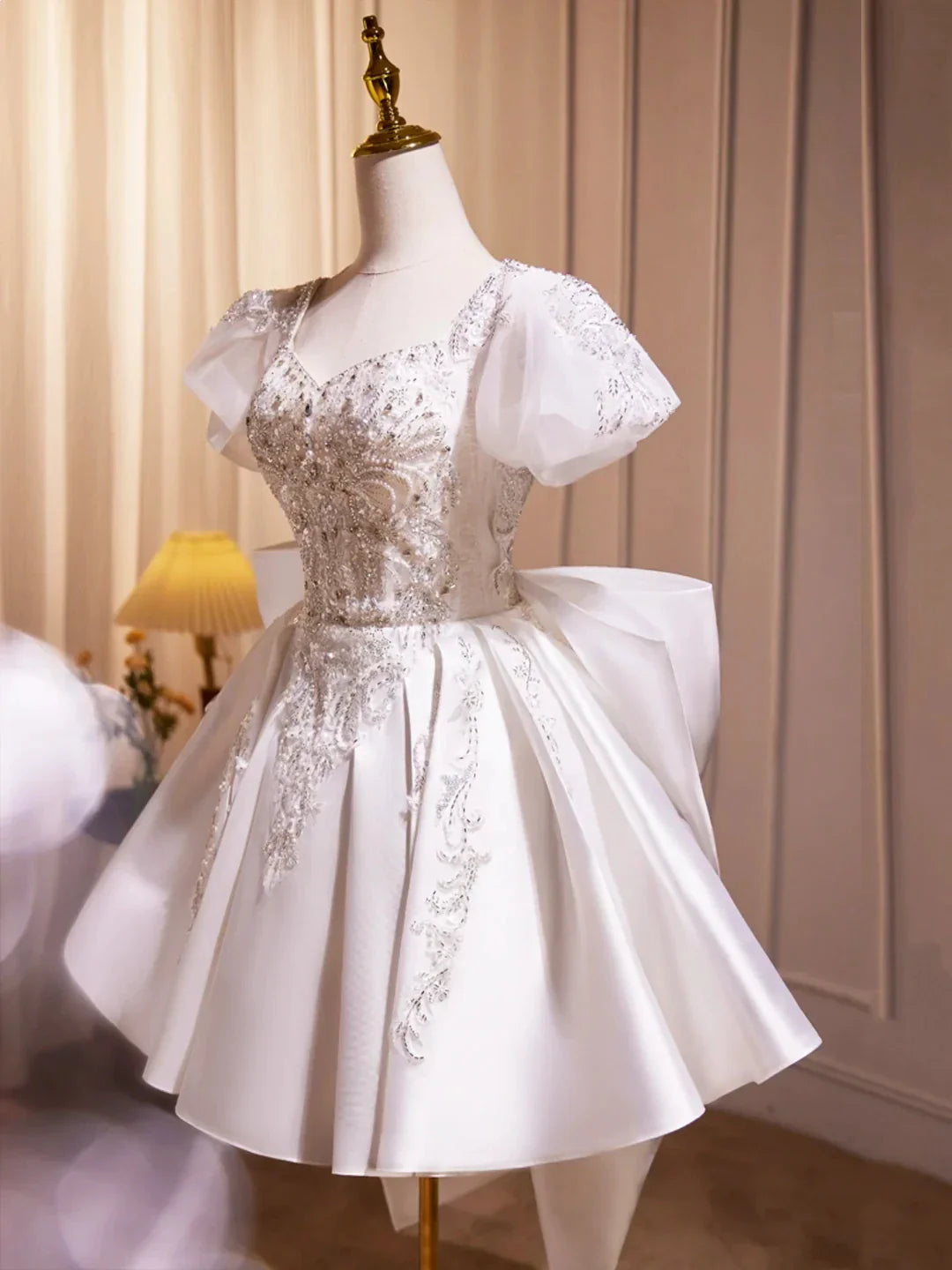 White Satin Beaded Knee Length Prom Dress Cute A-Line Short Sleeve Party Dress with Bow