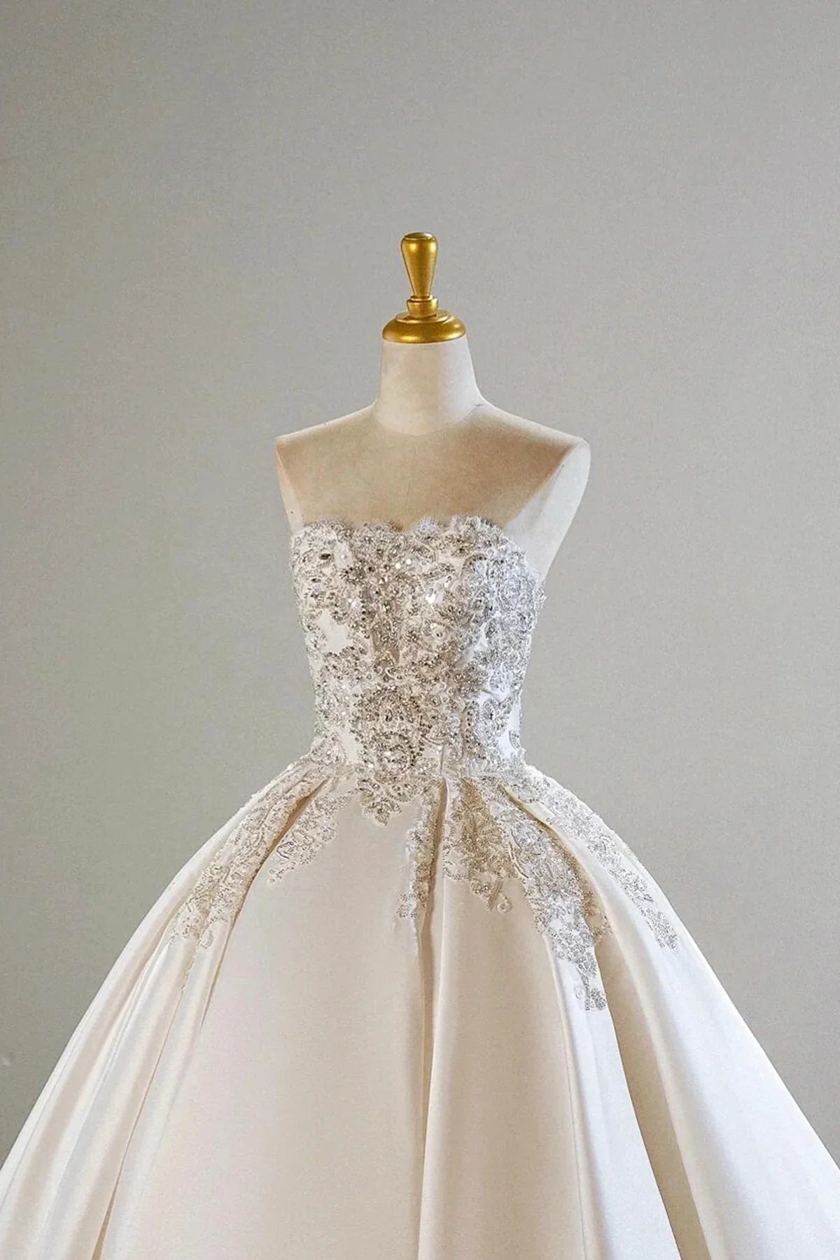 White Satin Beads Long Formal Dress A-Line Strapless Prom Evening Dress