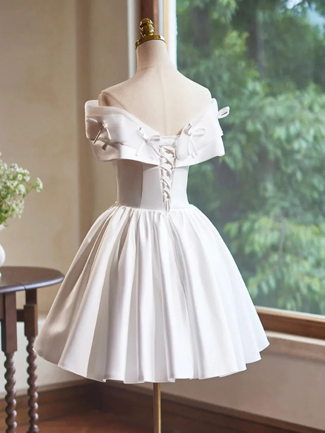 White Satin Butterfly Bow Party Dresses Lovely A-Line Evening Homcoming Dress