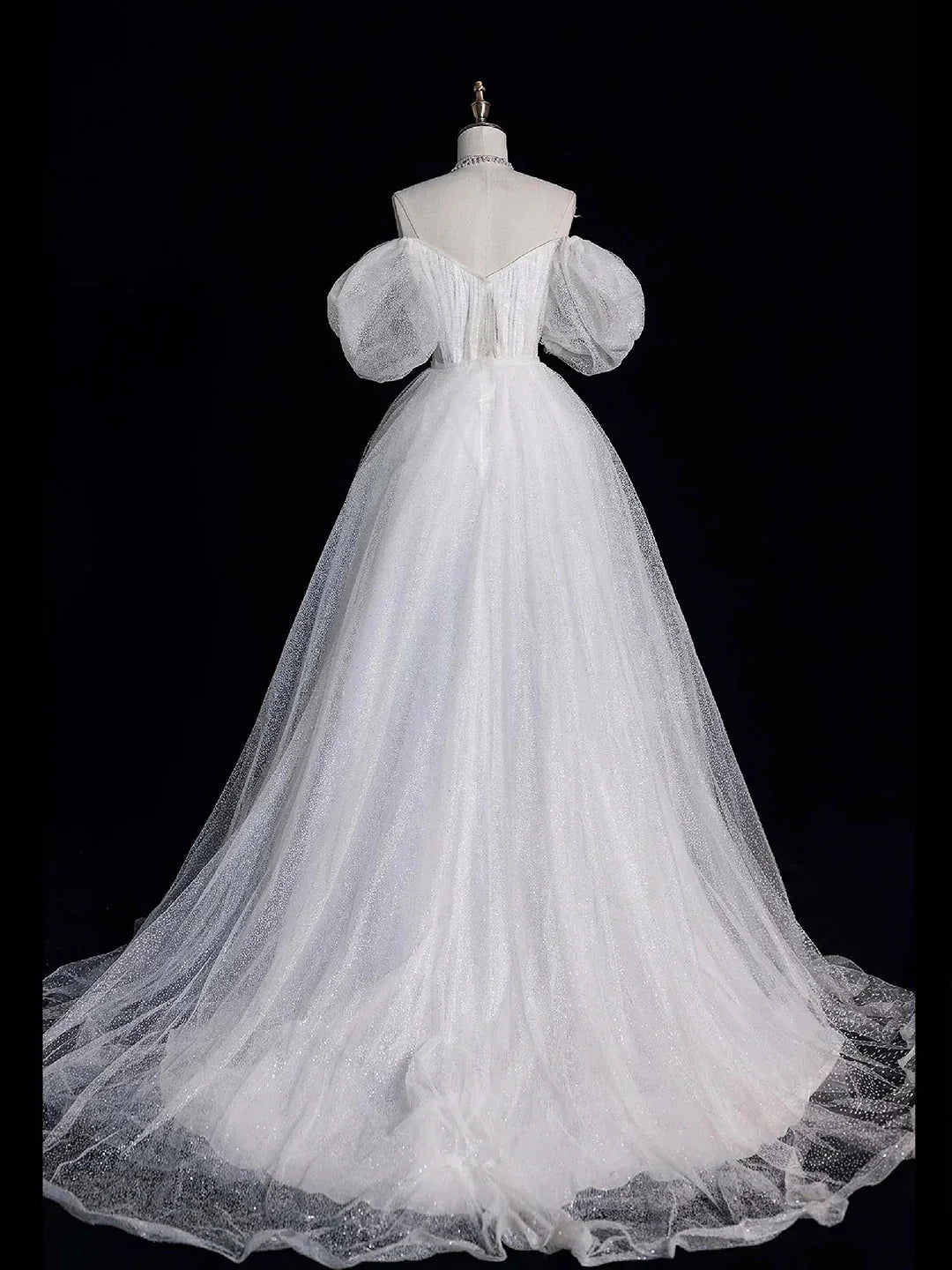 White Tulle Long Prom Dress Off the Shoulder Short Sleeve Formal Evening Dress
