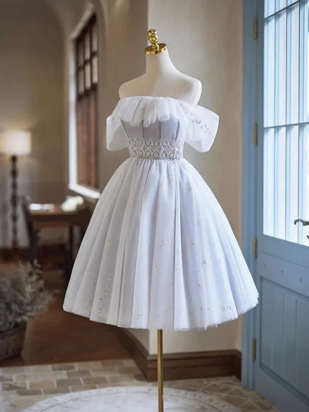 White Tulle Sequins Short Homecoming Dress Lovely Off the Shoulder Evening Party Dress
