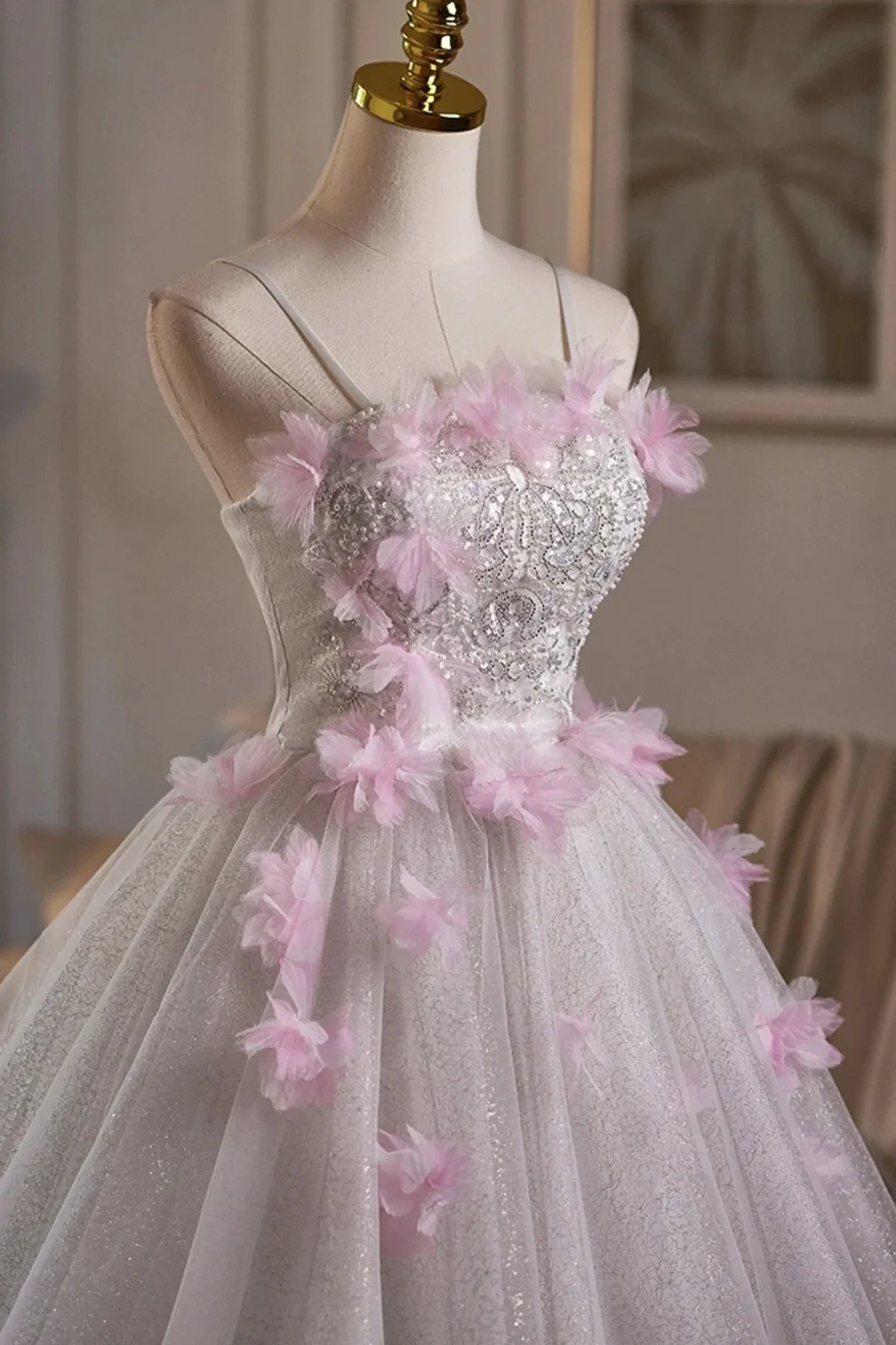 White Tulle and Pink Flowers Knee Length Prom Dress Lovely A-Line Party Dress