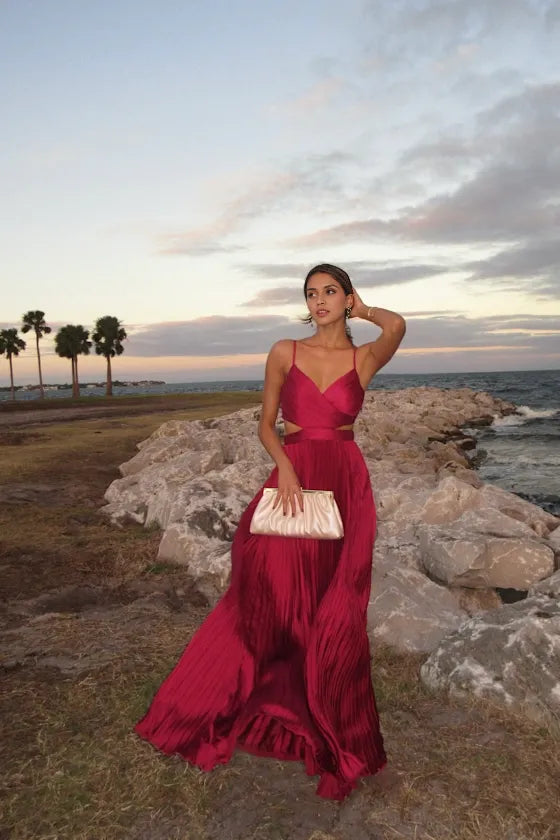 Quyihu Prom Dress In Store Got the Glam Wine Red Pleated Cutout Maxi Dress Formal Women's Dresses
