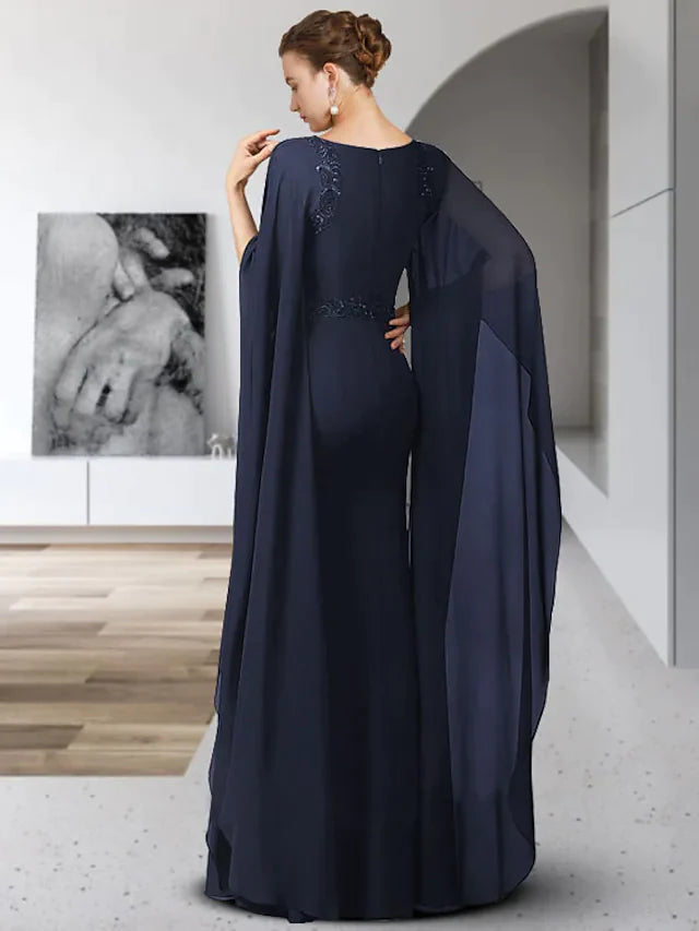 Mother of the Bride Dress Elegant Jewel Neck Floor Length Chiffon Long Sleeve with Sash Ribbon Appliques