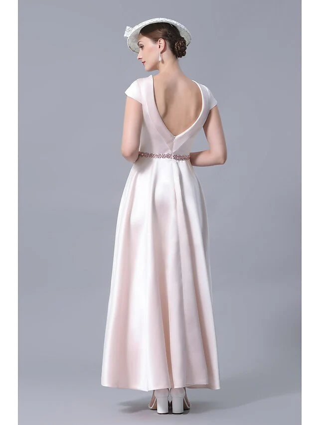 A-Line Mother of the Bride Dress Plus Size Cowl Neck Ankle Length Satin Short Sleeve with Crystals