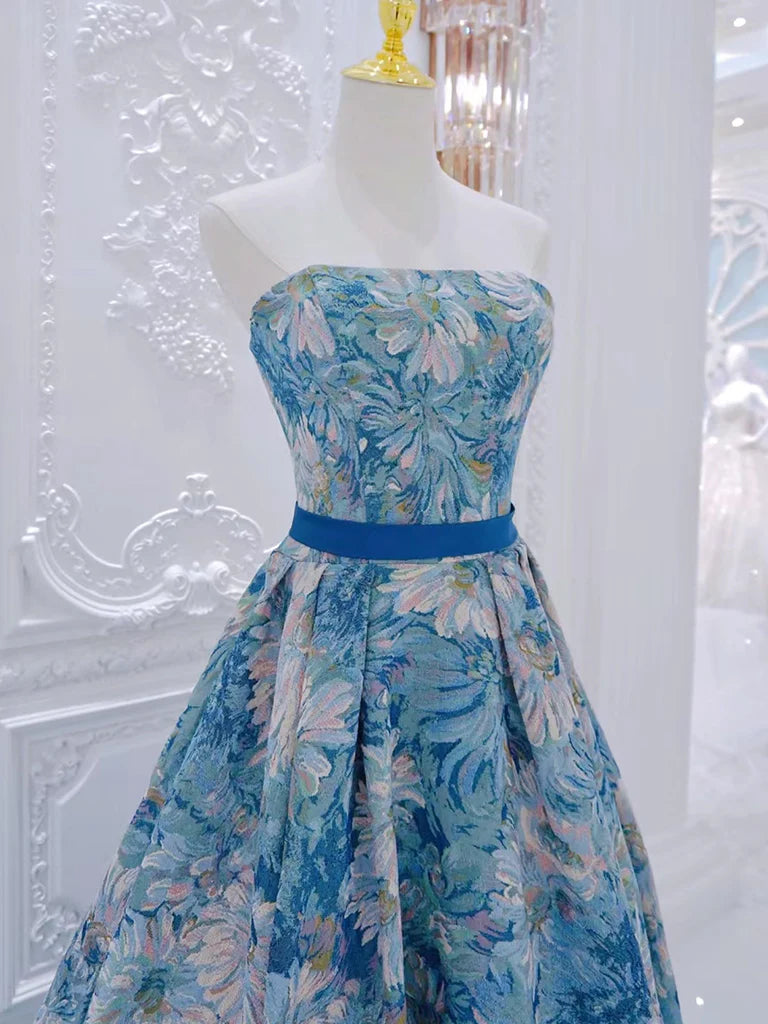 A-Line Flower Satin Blue Long Prom Dress Formal Dress