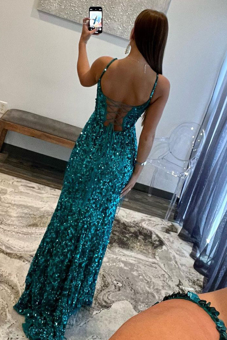 Sparkly Sheath V Neck Sequins Long Prom Dresses with Slit