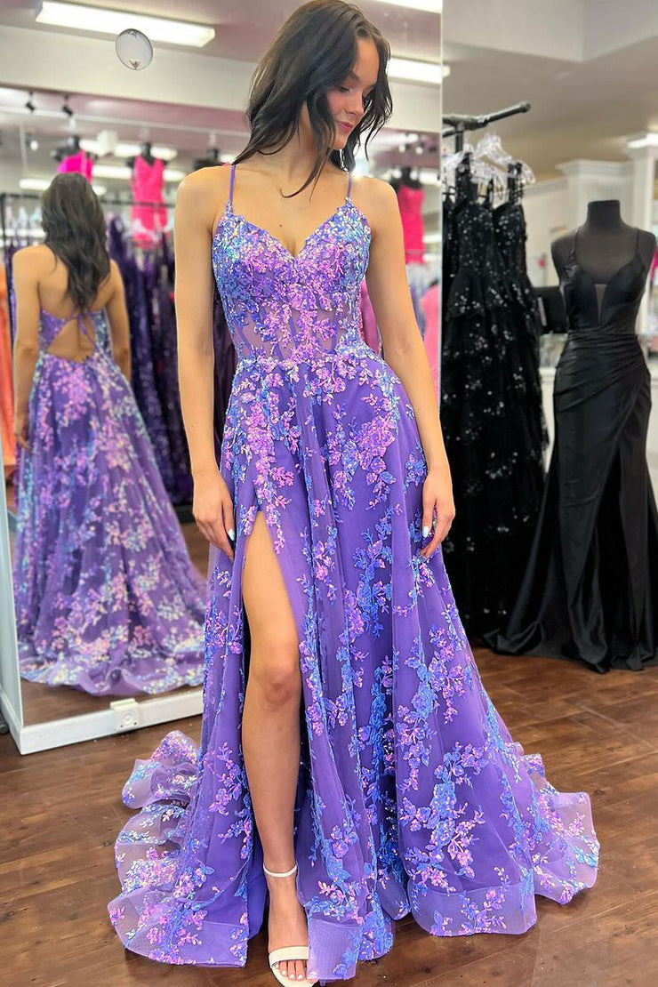Cute A Line V Neck Purple Sequins Lace Tulle Prom Dress