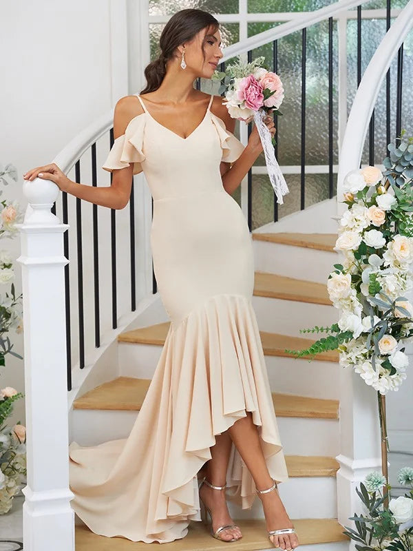 Jersey Ruffles V-neck Sleeveless Asymmetrical Bridesmaid Dresses