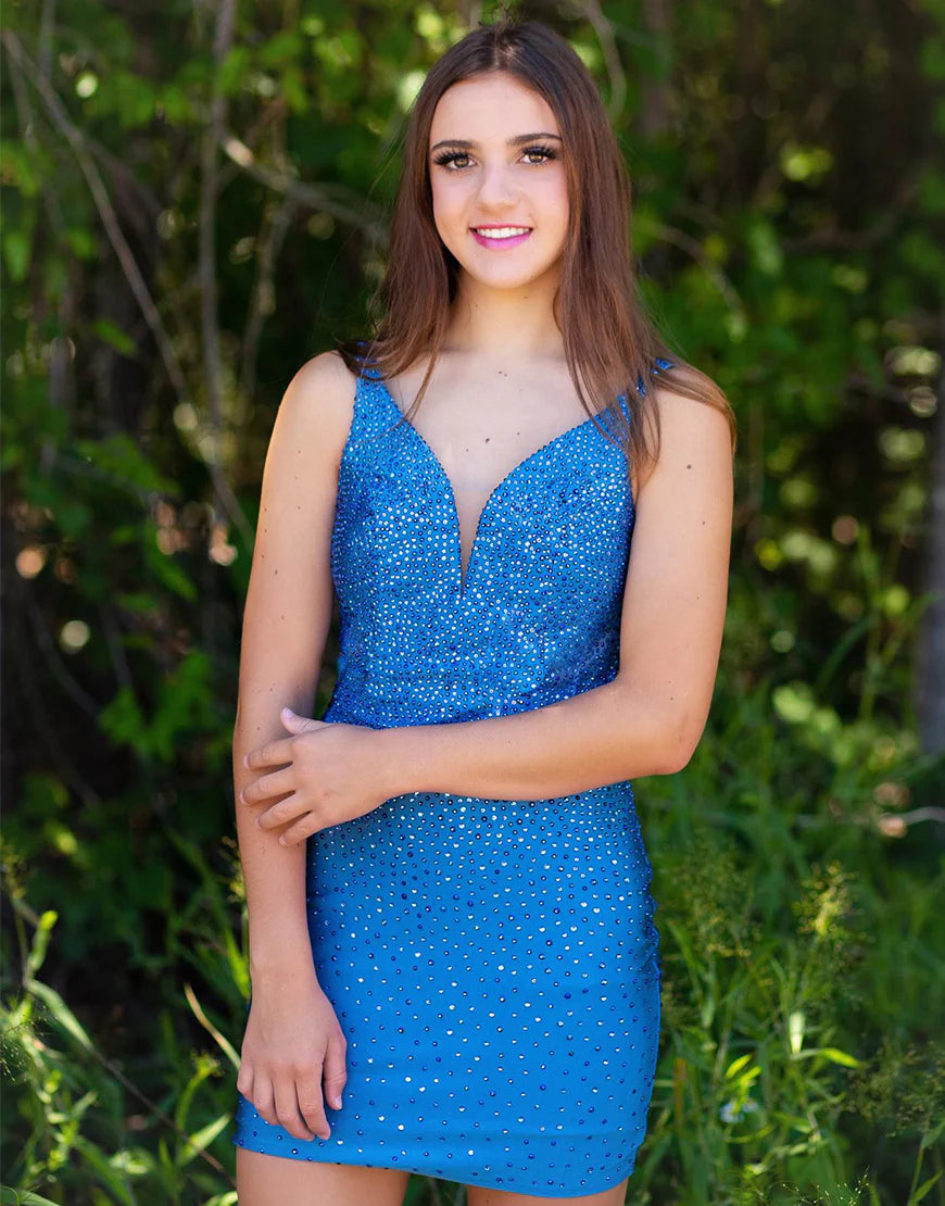 Tight Blue Beaded Short Homecoming Dress Cocktail Dresses