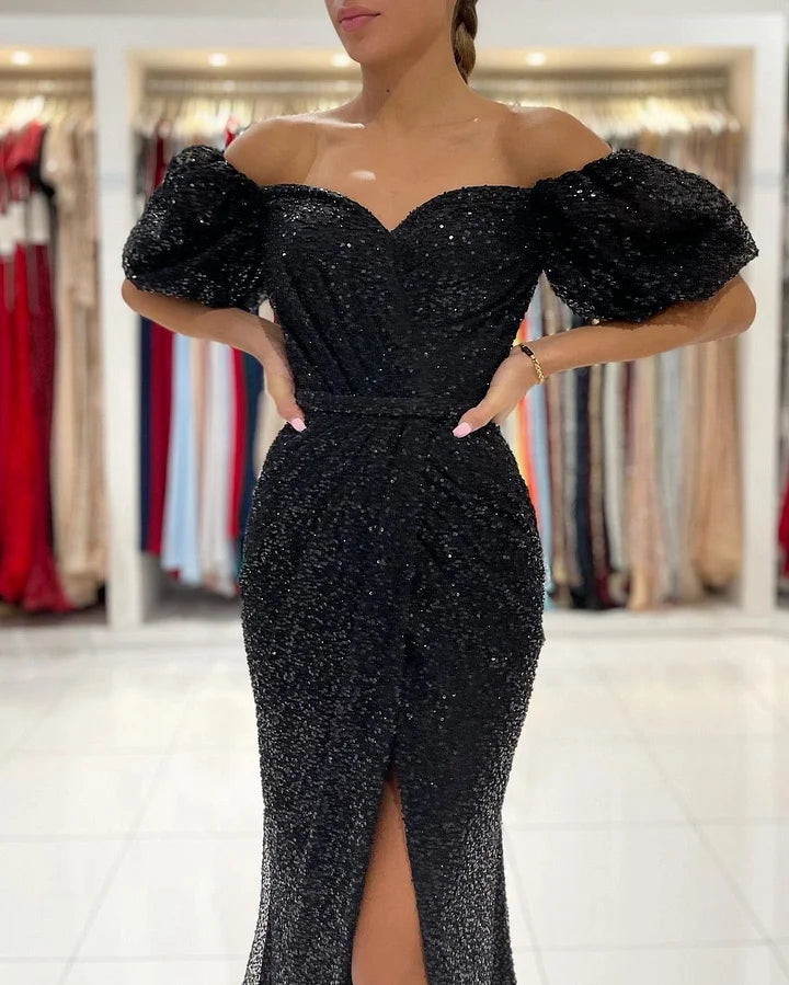 Black Off-the-Shoulder Party Gown Sequins Evening Dress Mermaid