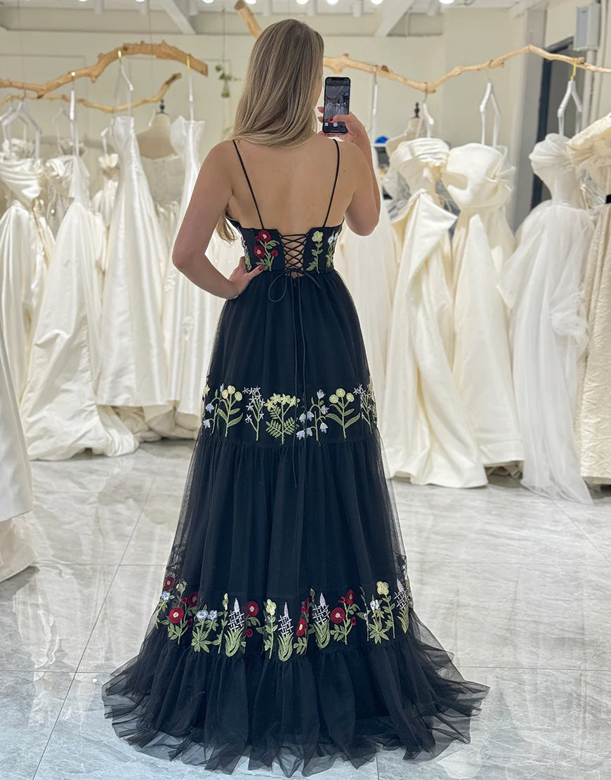 A-Line V-Neck Navy Long Tulle Prom Dress With Embroidery