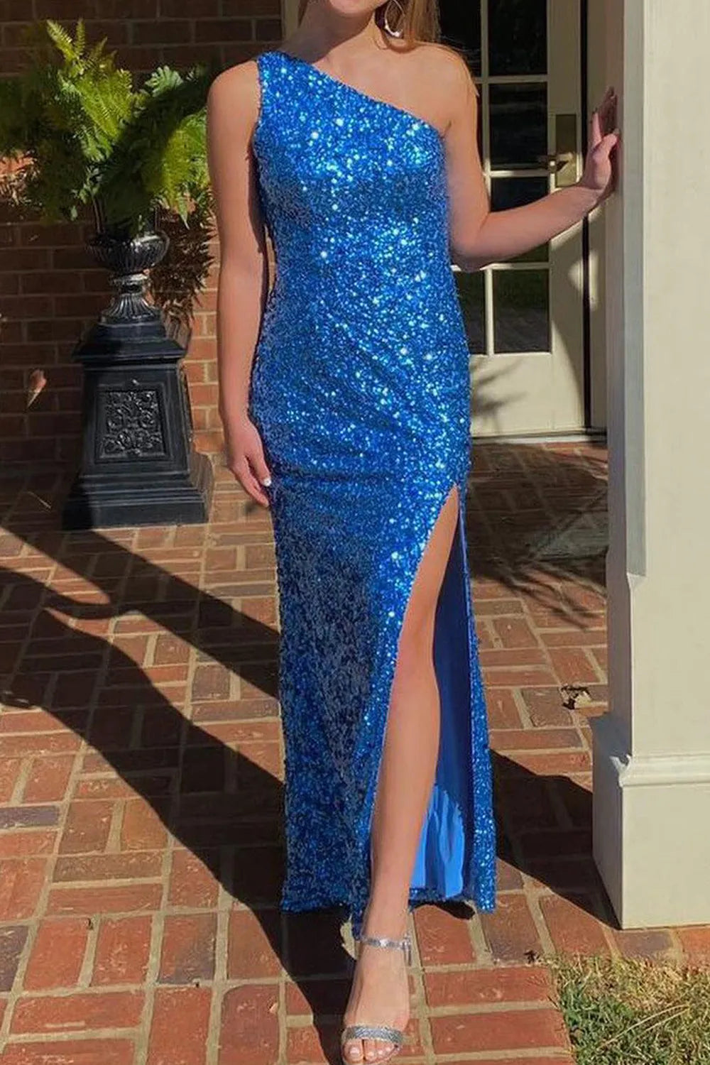 Fuchsia Sequin One-shoulder Long Prom Dress Evening Dresses with Slit