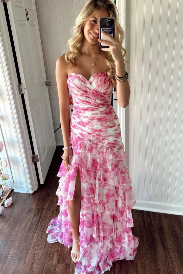 Sheath Sweetheart Floral Printed Chiffon Tiered Prom Dresses with Slit