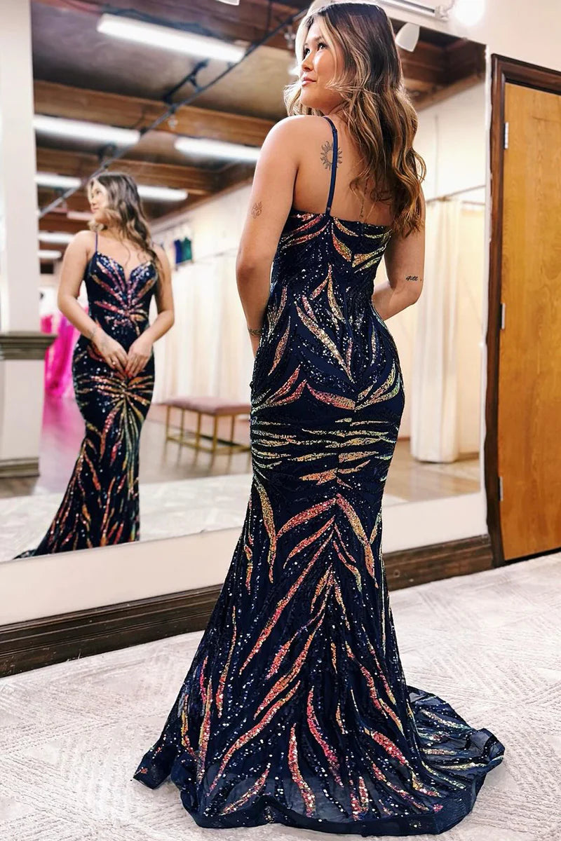 Spaghetti Straps Sequins Lace Mermaid Long Prom Dresses